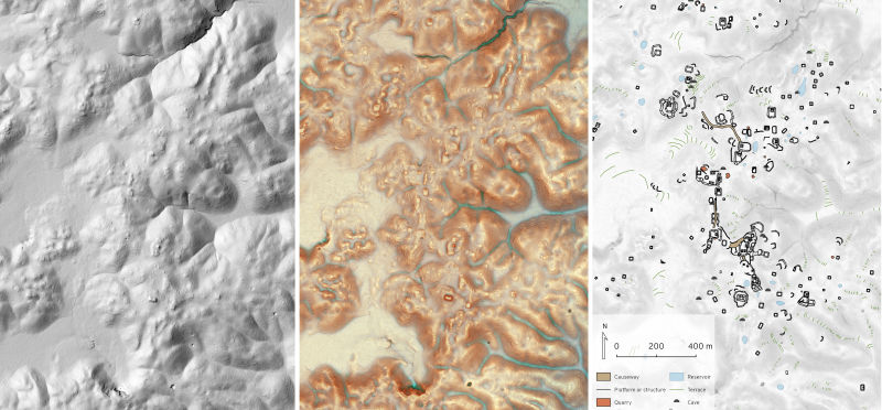 Este estudio requirió meses de meticuloso trabajo, en el que los investigadores tuvieron que traducir los datos Lidar del terreno en interpretaciones arqueológicas comprensibles. Estas tres imágenes son del sitio de “Dos Torres”, en las escarpadas colinas entre las ciudades de Tikal y Uaxactun.